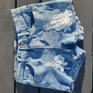 Embroidered Designer Flower and Ripped Denim Shorts
